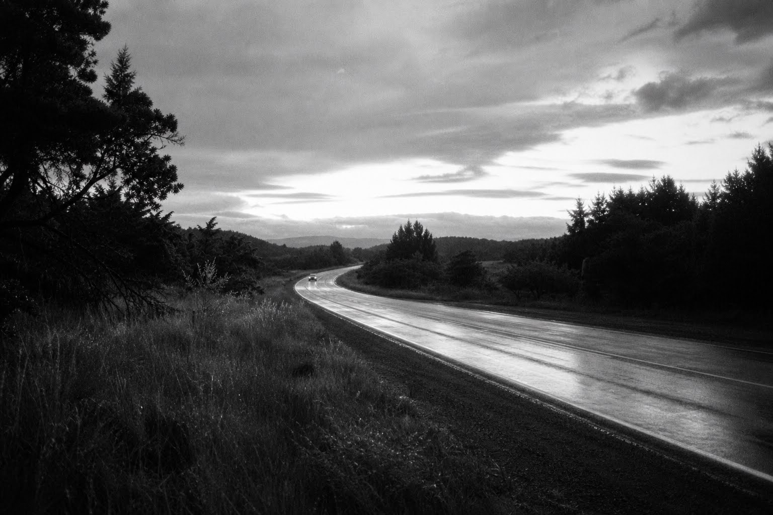 A wet country road bends through dark trees toward distant hills and an opening sky