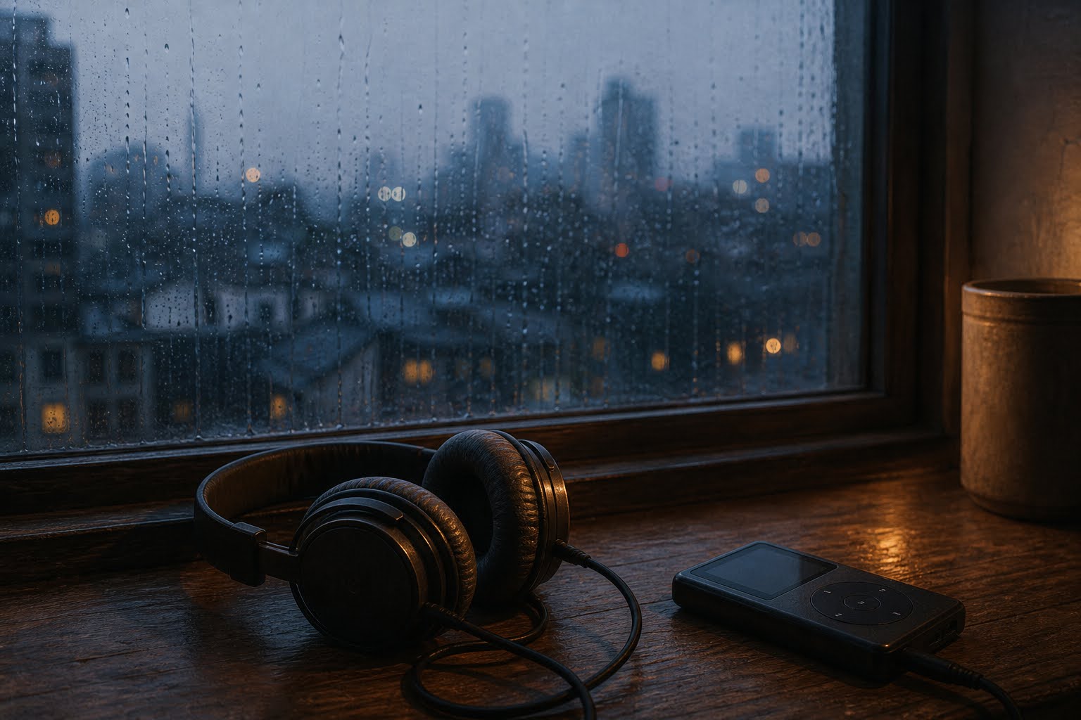 Headphones and a music player resting beside a rain covered window in the blue light of dawn