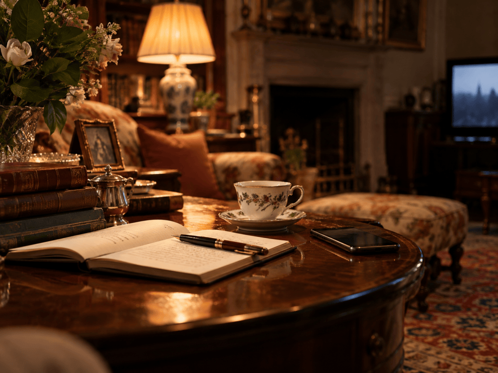 Open notebook, fountain pen, teacup, and smartphone on a polished wooden table in a warm, elegant sitting room inspired by Downton Abbey.